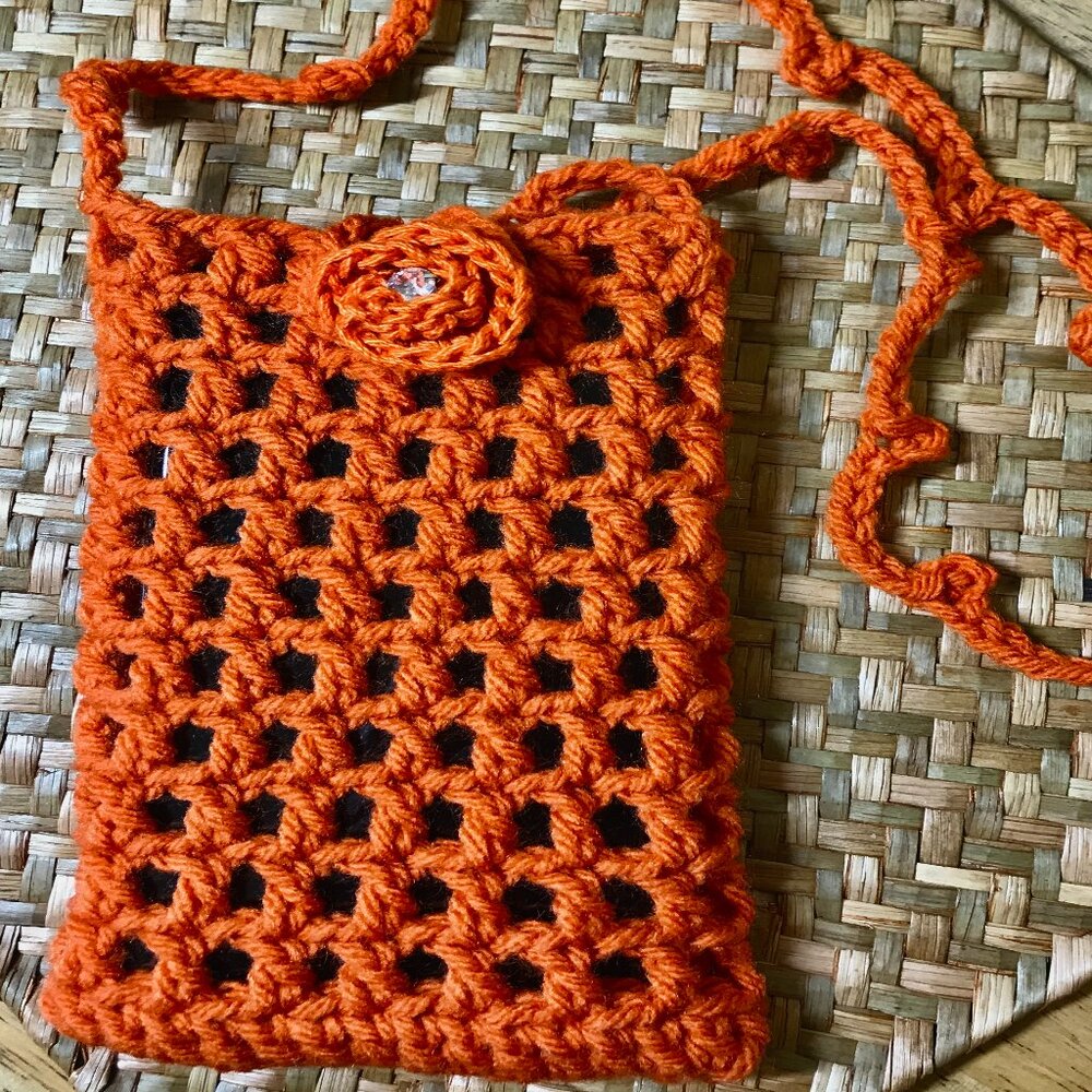 Orange CELLPHONE/SUNGLASS HOLDER Crochet Handmade w/Overhead Strap & Rose Button